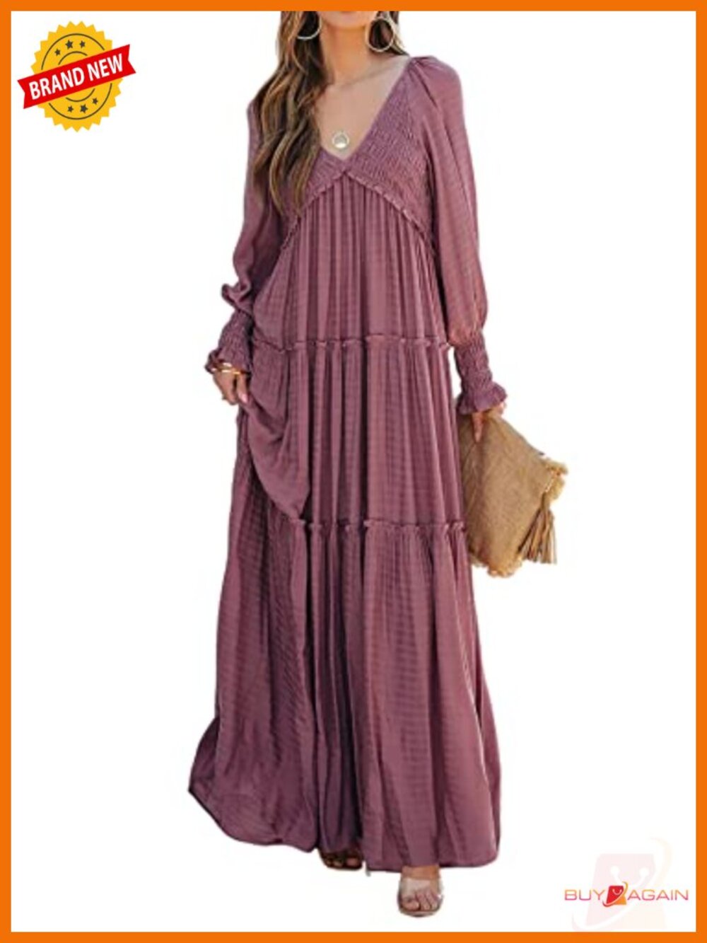 Long Sleeve V Neck Flowy Maxi Dress Loose Boho Maternity